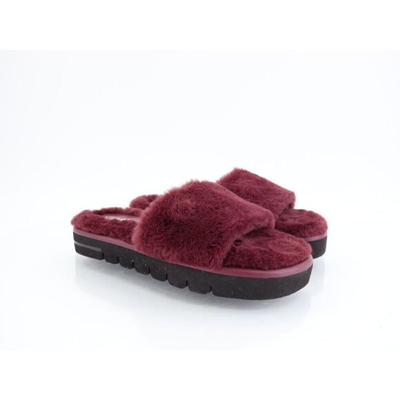 Stuart Weitzman Elodie Chill Slide Tan Burgundy Sandals Faux Fur Women's 5B - Picture 2 of 12